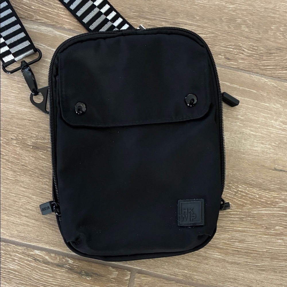 HK WIP Black Crossbody Belt Bag with Striped Strap
